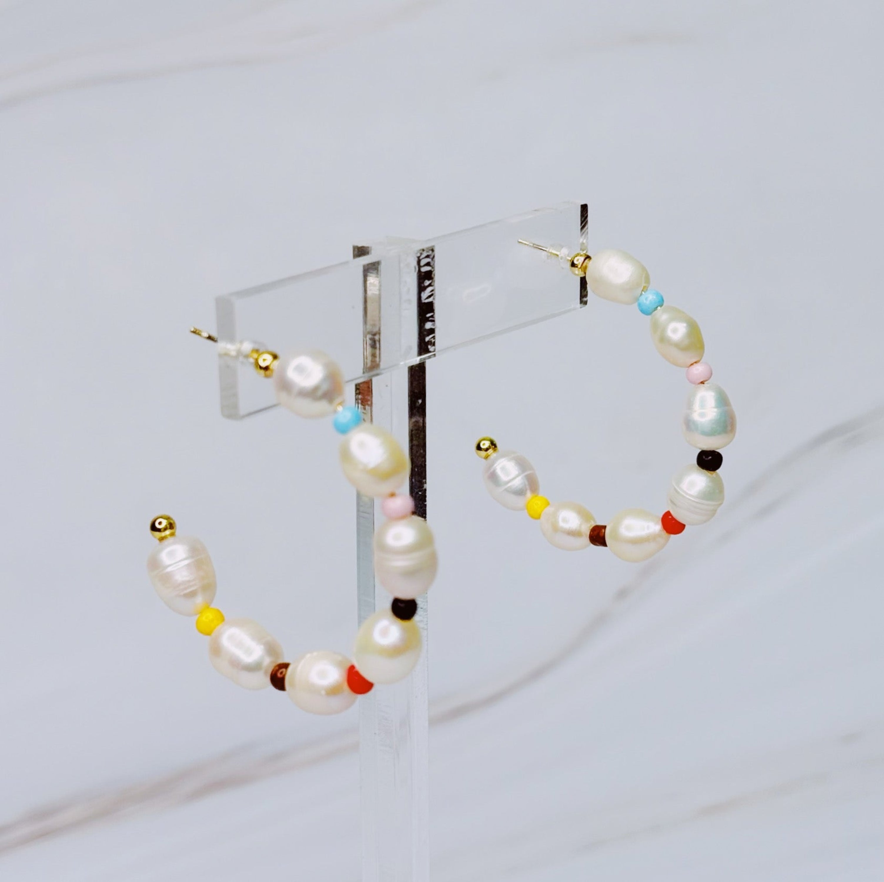 Sigrid Freshwater Pearl Rainbow Accent Hoop Earrings