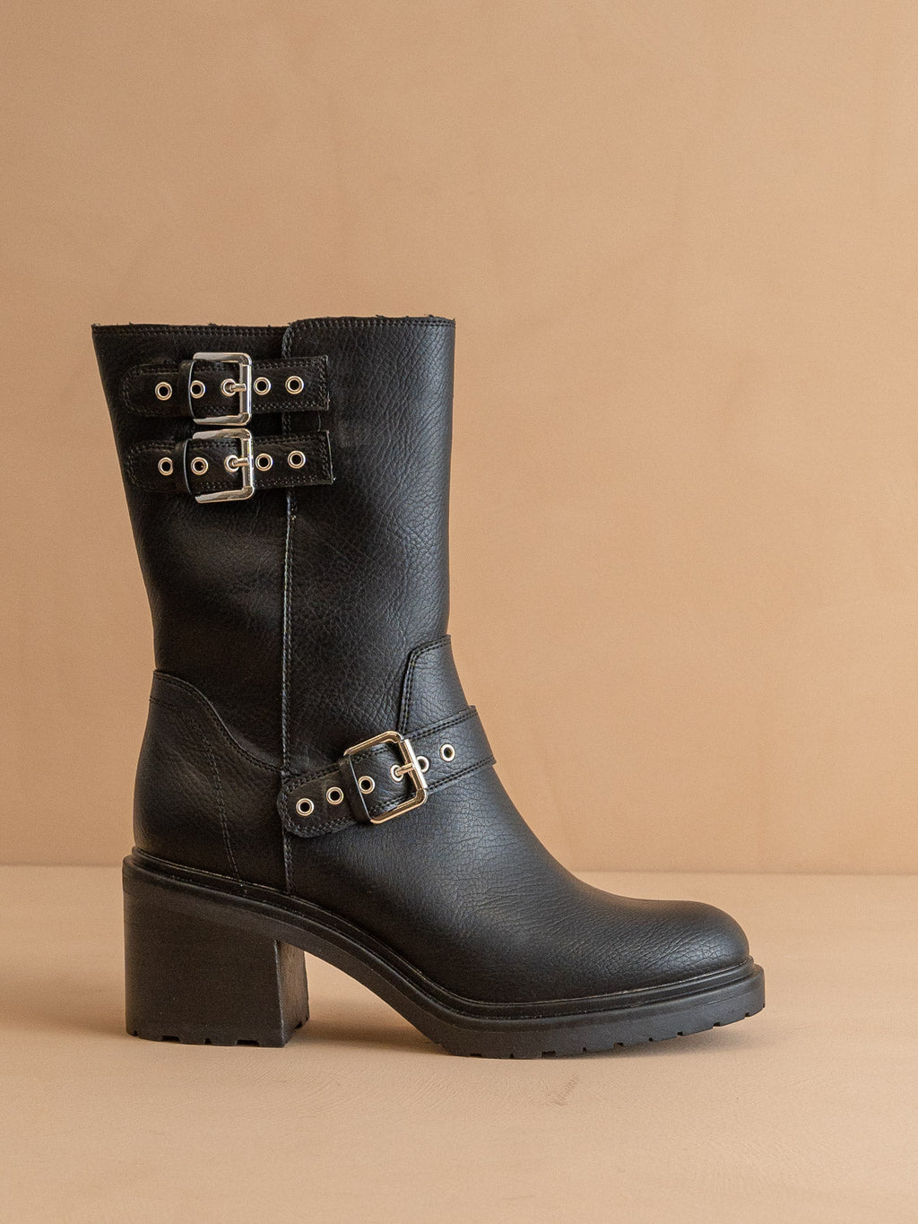 Lana Black Mid-Calf Moto Boot