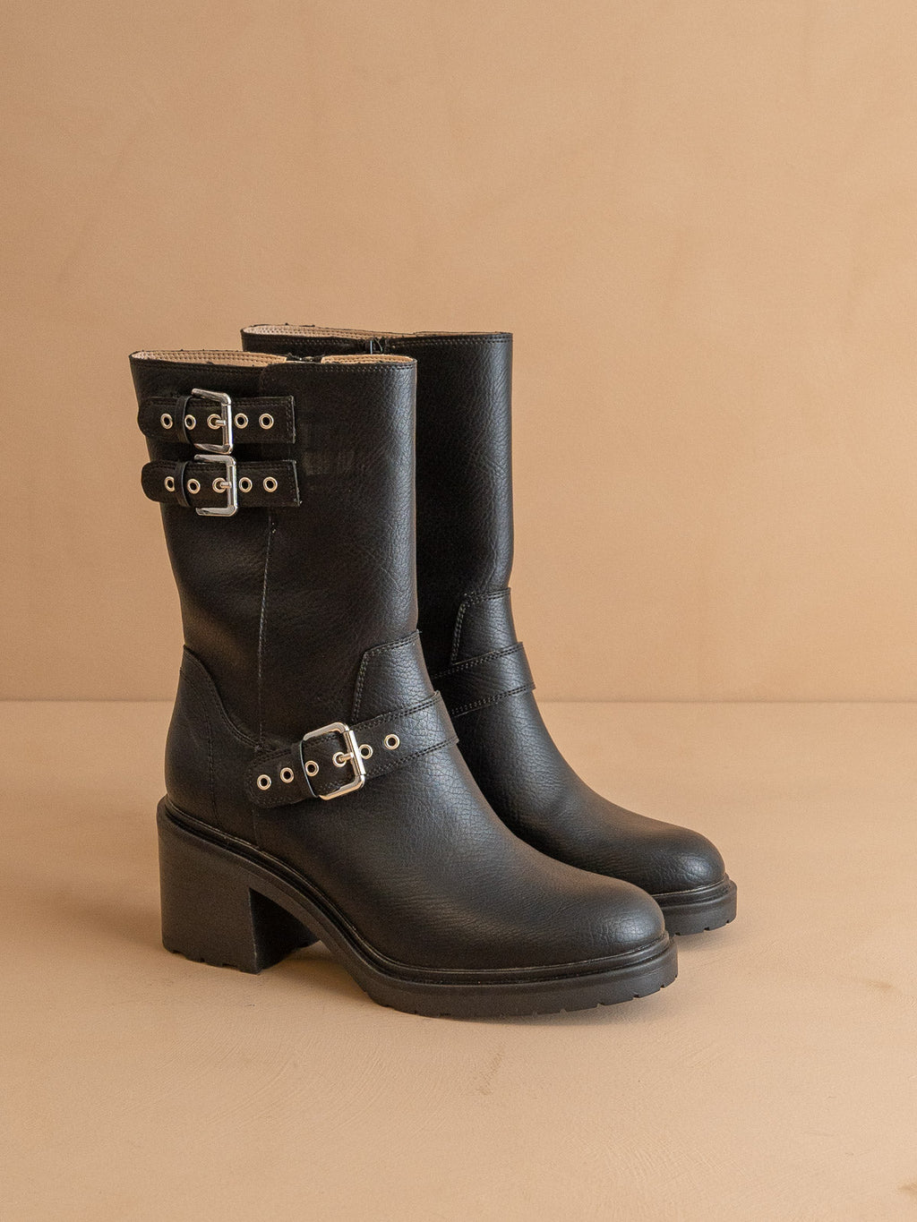 Lana Black Mid-Calf Moto Boot