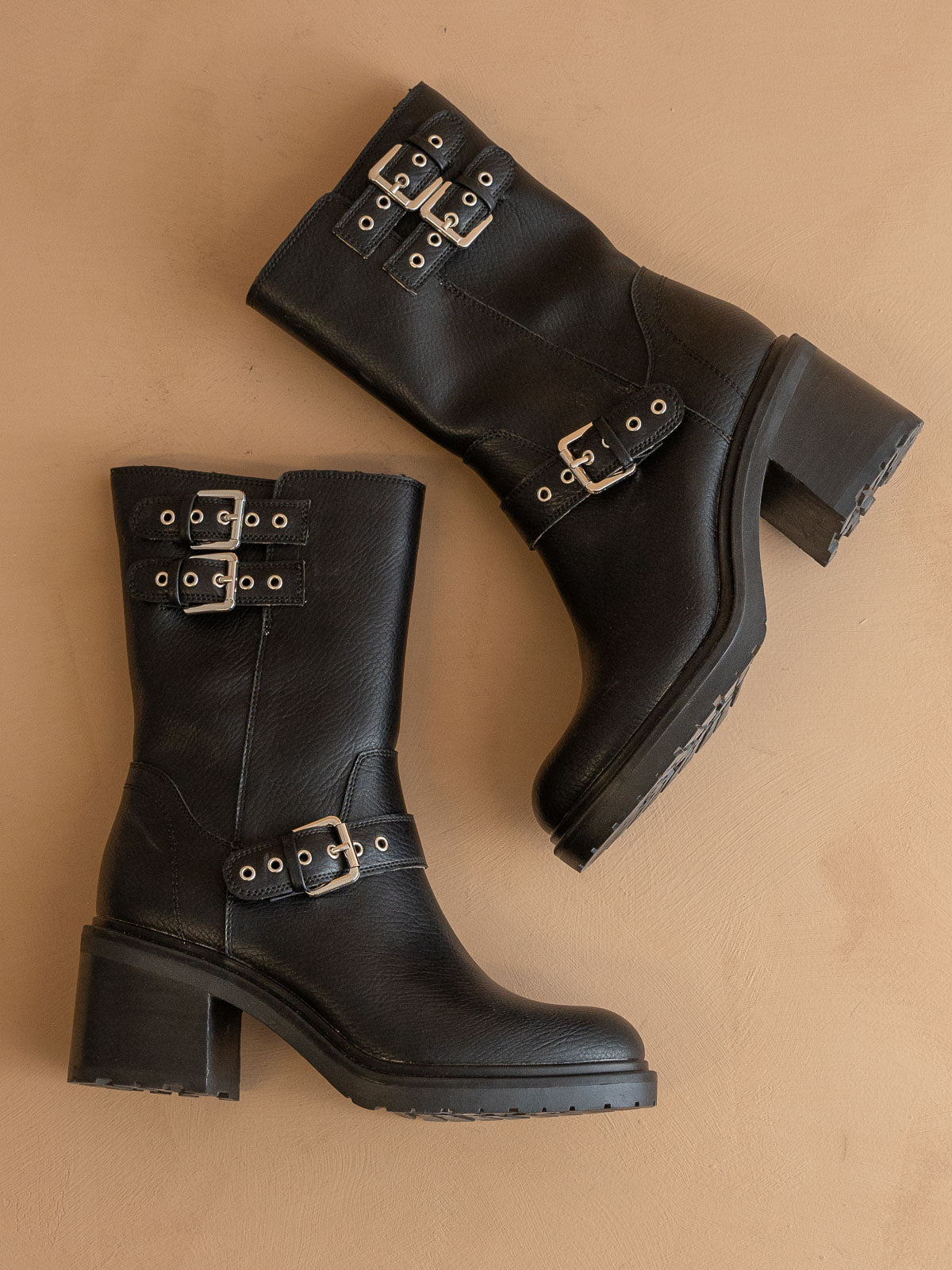 Lana Black Mid-Calf Moto Boot