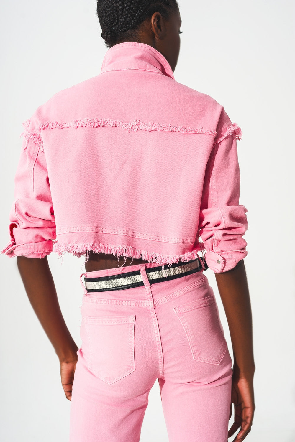 Ada Cropped Denim Trucker Jacket in Pink