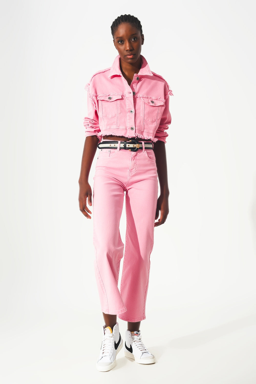 Ada Cropped Denim Trucker Jacket in Pink