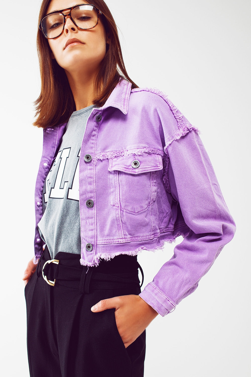 Ada Cropped Denim Trucker Jacket in Purple