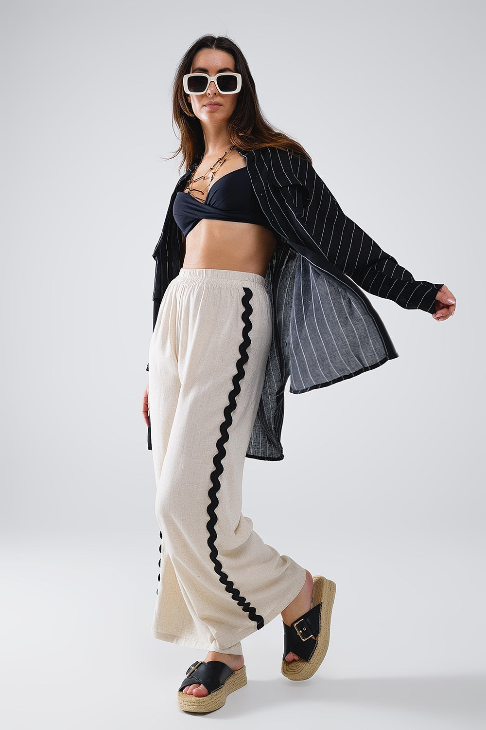 Claudia Linen Scallop Trim Pants