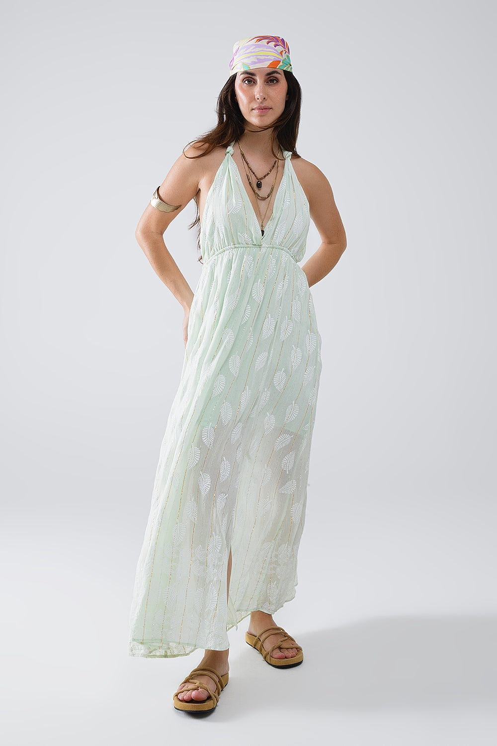 Antigone Halter Dress in Mint Leaf Print
