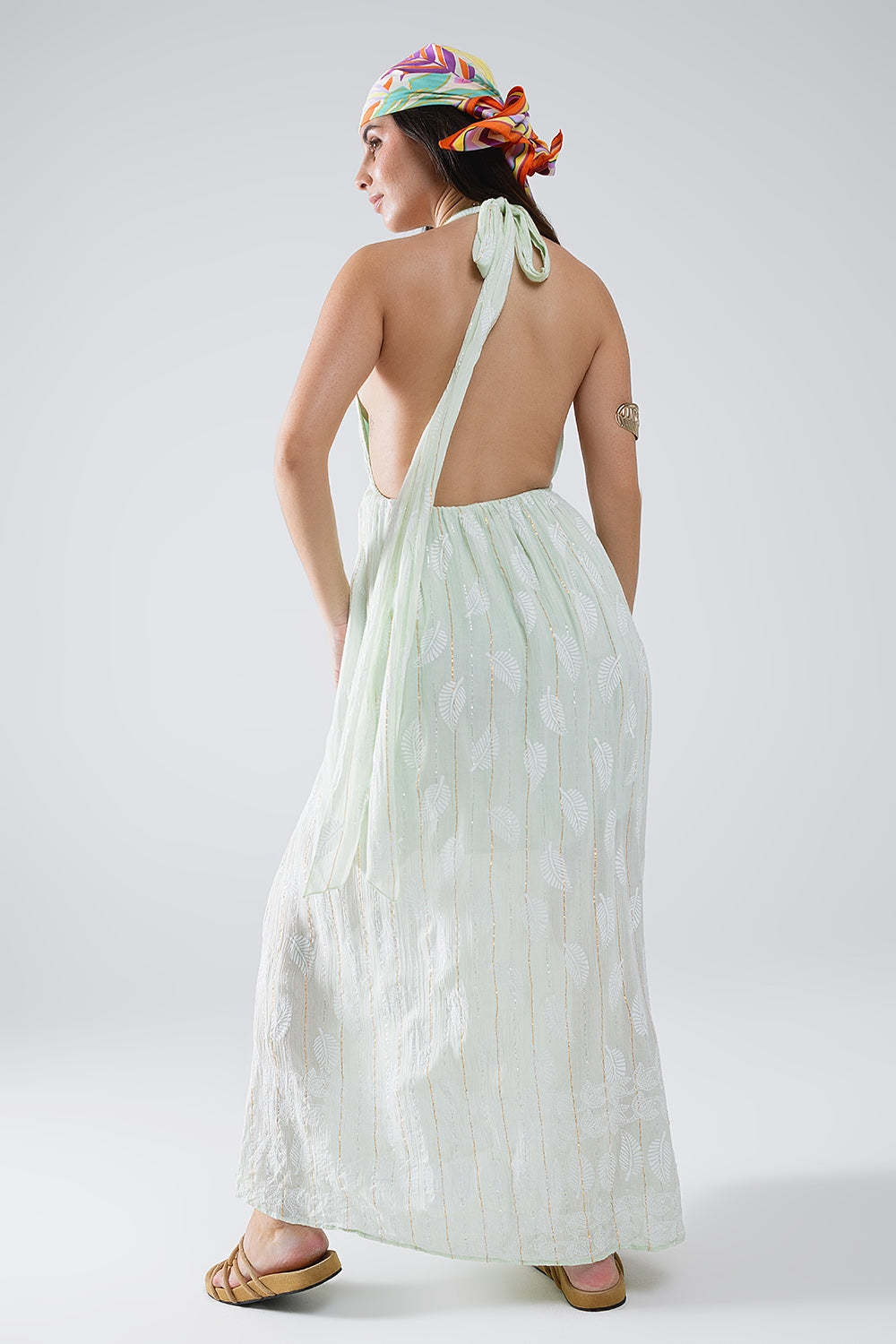 Antigone Halter Dress in Mint Leaf Print