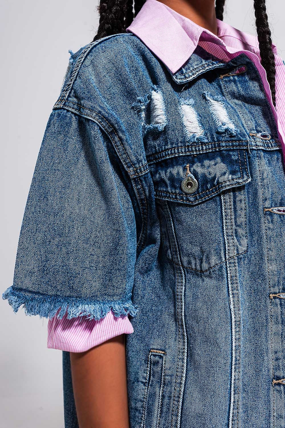 Yasmin Oversized Distressed Short Sleeves Denim Jacket