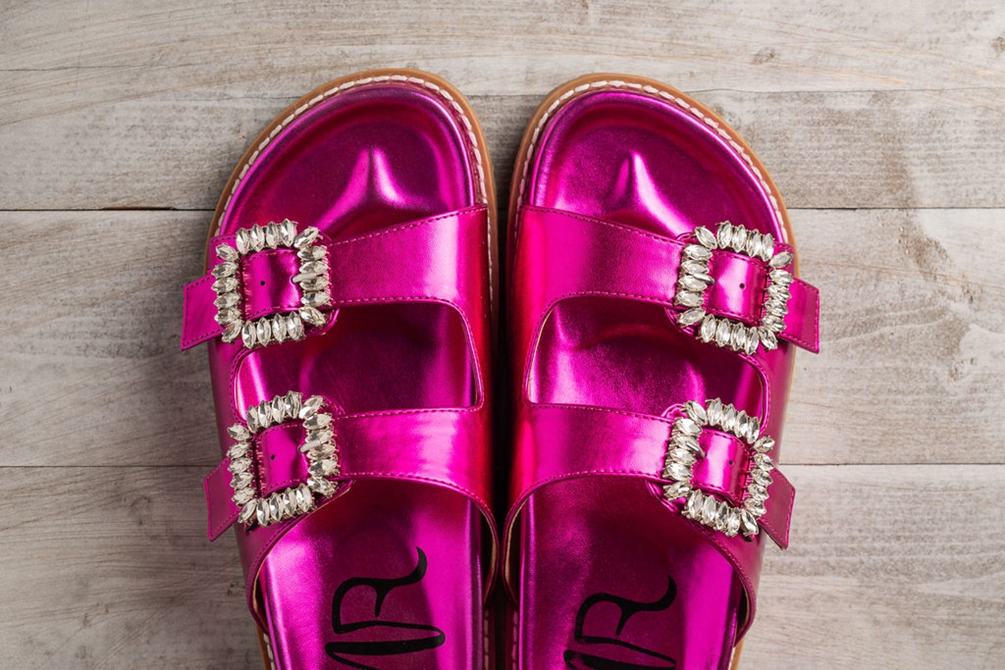 Stella Rhinestone Buckle Slides in Fuschia