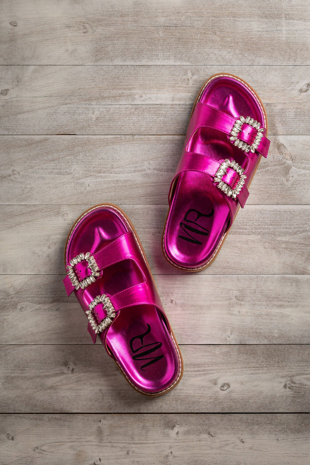 Stella Rhinestone Buckle Slides in Fuschia